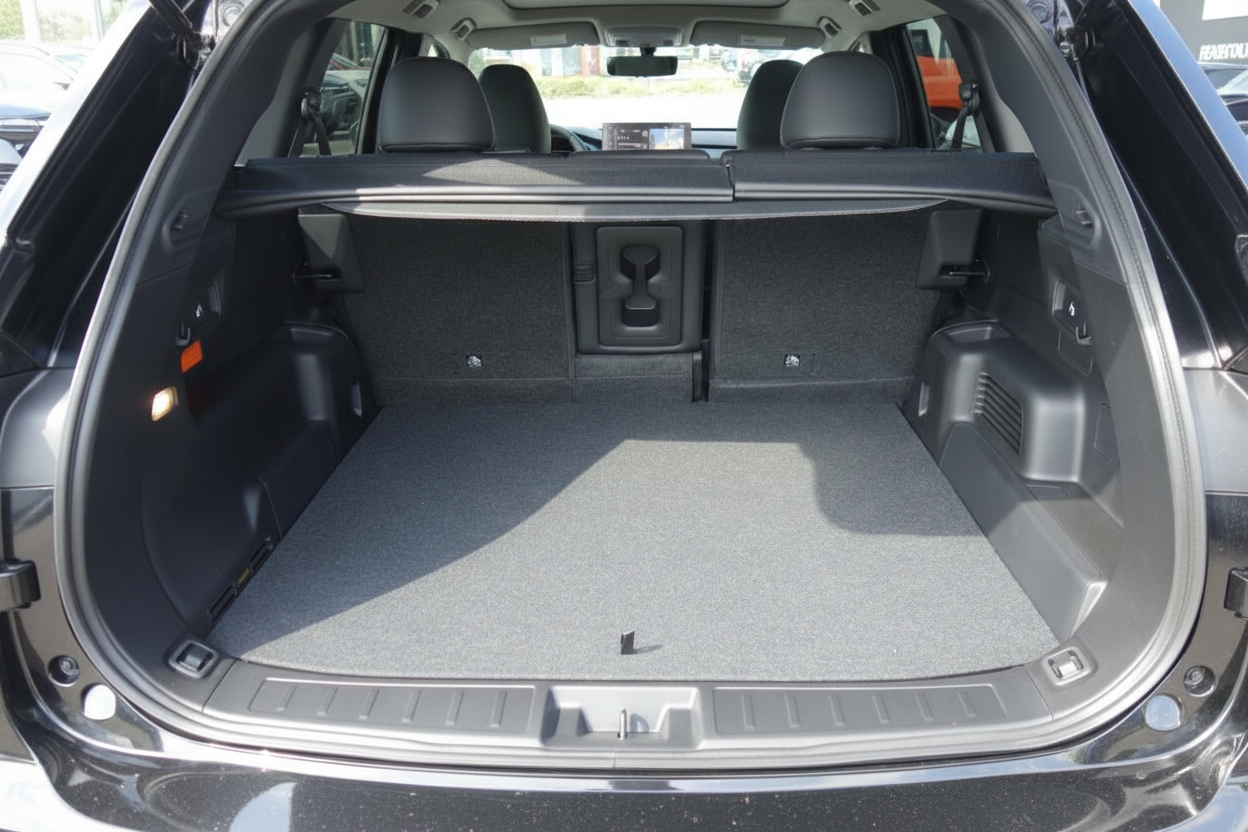 Geräumiger Kofferraum eines schwarzen SUV mit umgeklappten Rücksitzen und Laderaumabdeckung