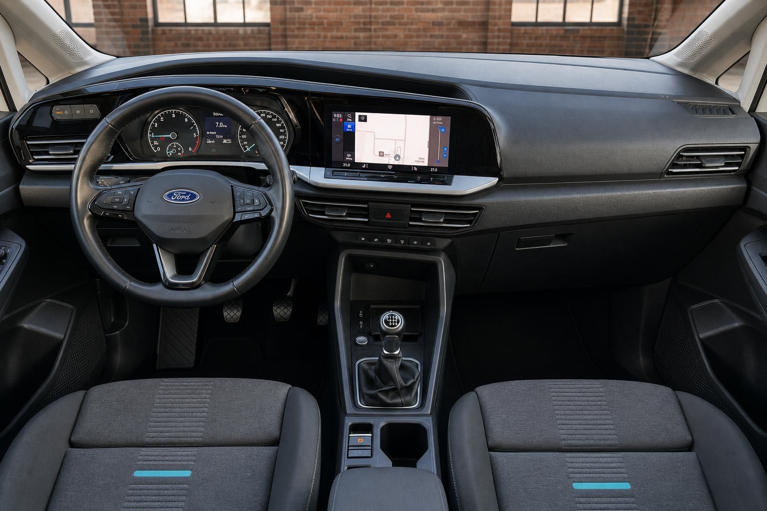 Ford Cockpit Gesamtansicht mit Lenkrad, Sitzen und Mittelkonsole