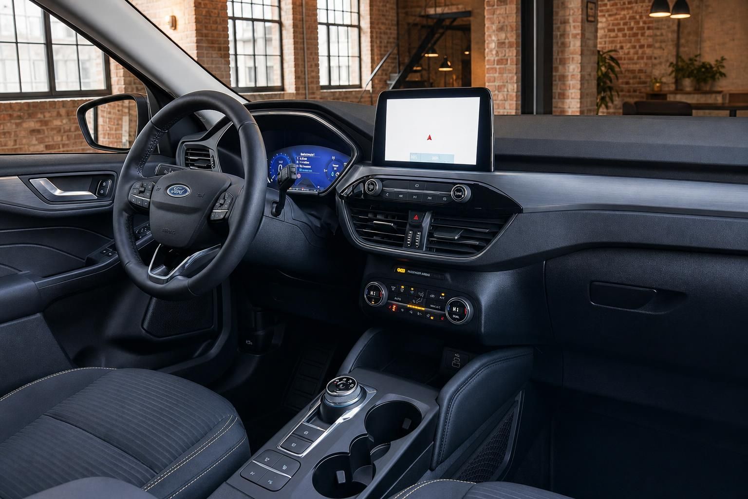 Ford Innenraum mit Cockpit, Lenkrad und Touchscreen-Navigationssystem