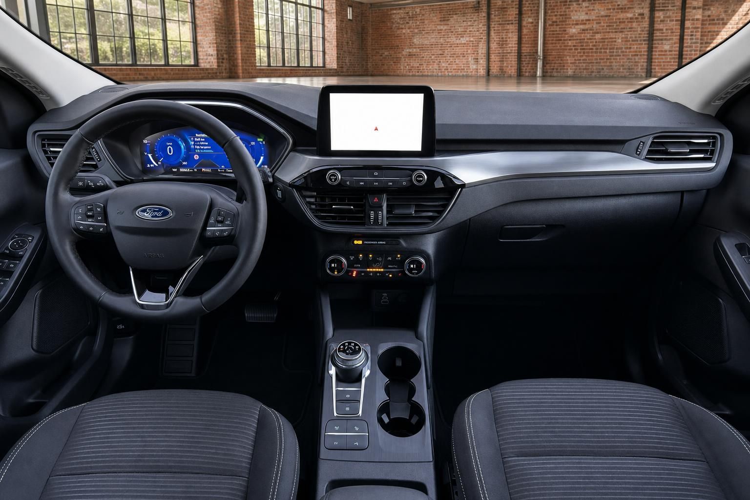 Ford Cockpit frontal mit Lenkrad, Display und Mittelkonsole