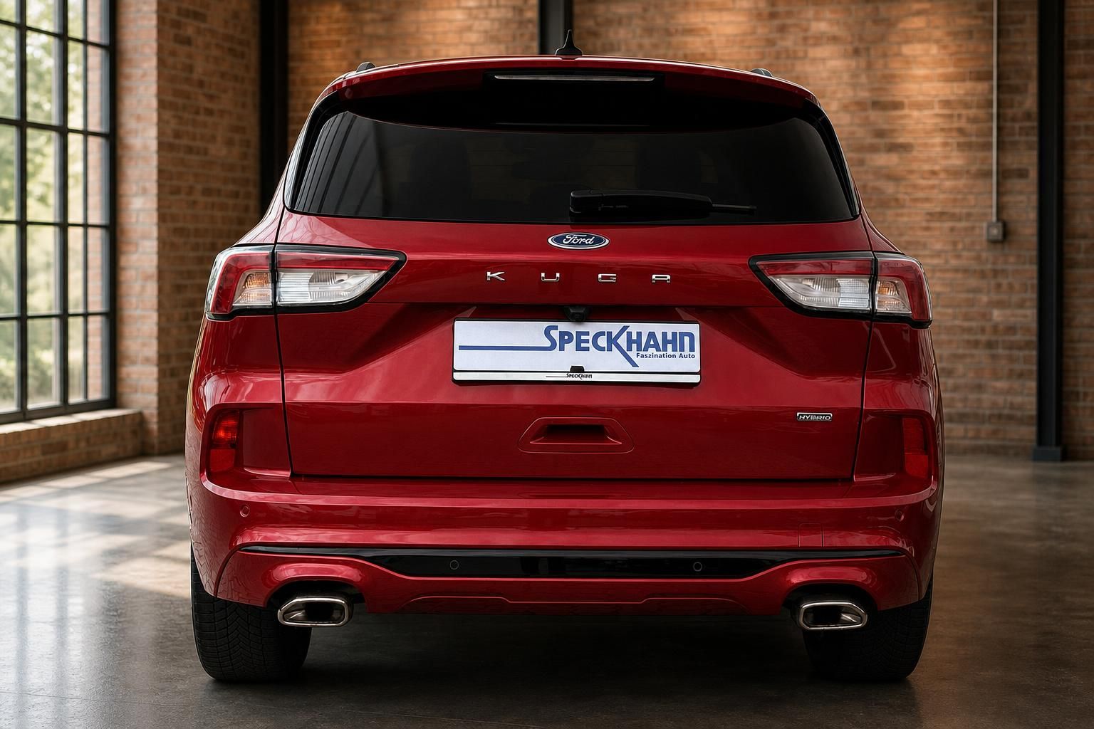 Ford Kuga Hybrid in Rot, Heckansicht mit Kennzeichenhalter