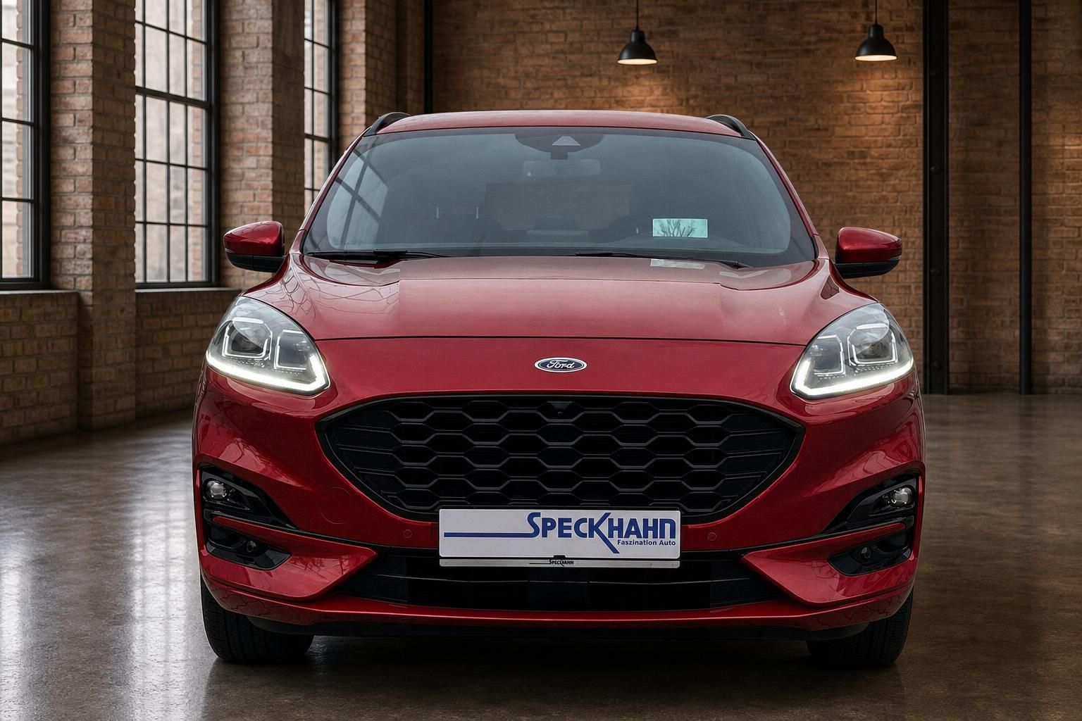 Ford Kuga rot Frontansicht mit LED-Scheinwerfern im Showroom