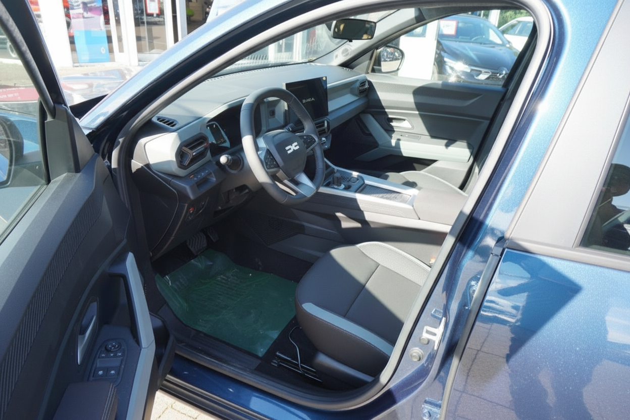 Dacia Innenraum Fahrerseite mit modernem Cockpit, Lenkrad und Infotainment-Display in Blau