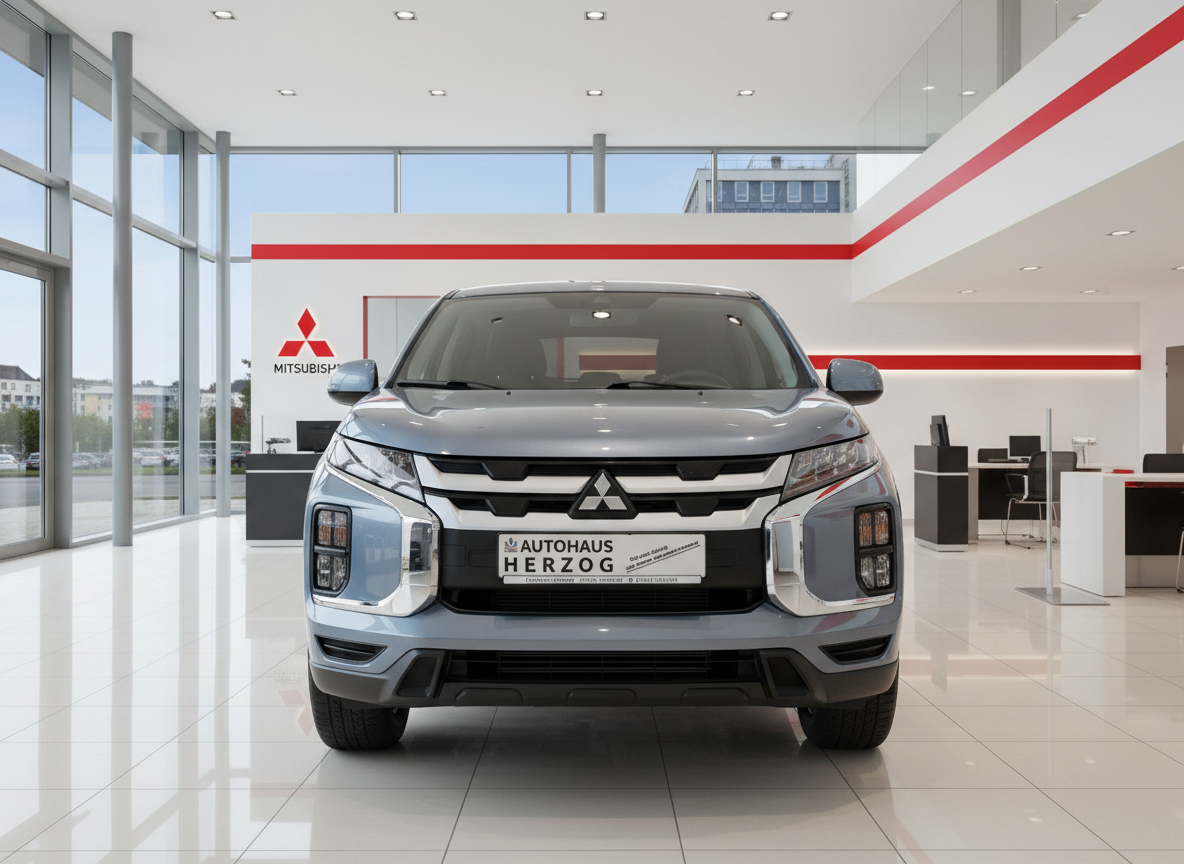 Mitsubishi ASX Frontansicht in Silberblau im Autohaus Herzog Showroom