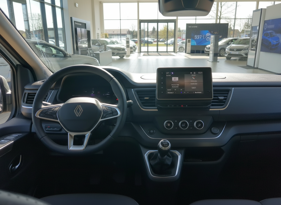 Renault Innenraum mit Lenkrad, Infotainment-Display und Schaltgetriebe im Autohaus