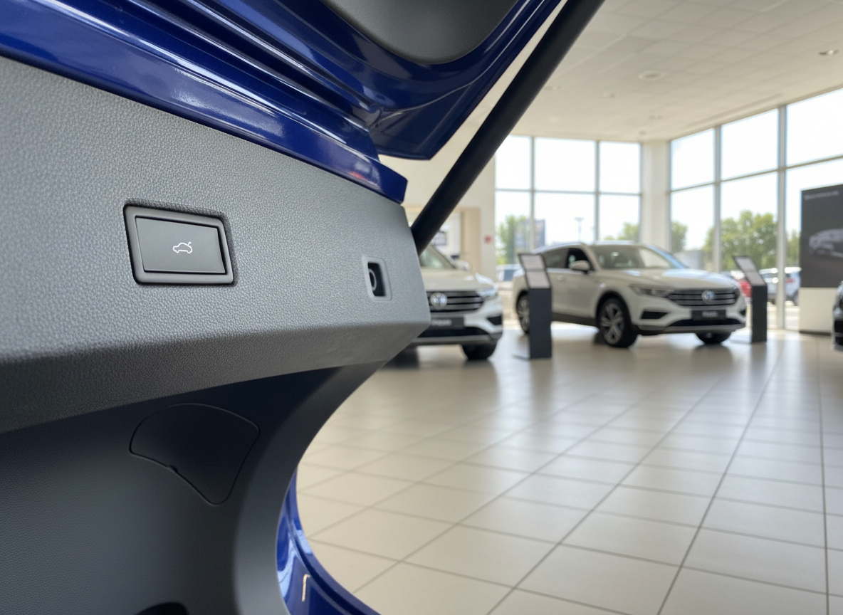 Blauer VW Kofferraum mit elektrischer Heckklappe im Volkswagen Autohaus Showroom