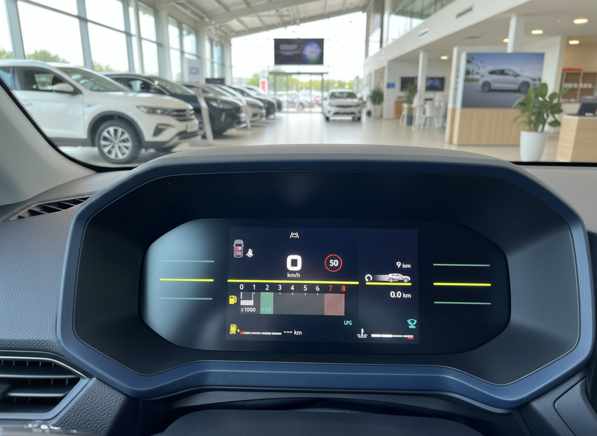 Digitales Kombiinstrument Innenraum mit LPG-Anzeige in Volkswagen Autohaus