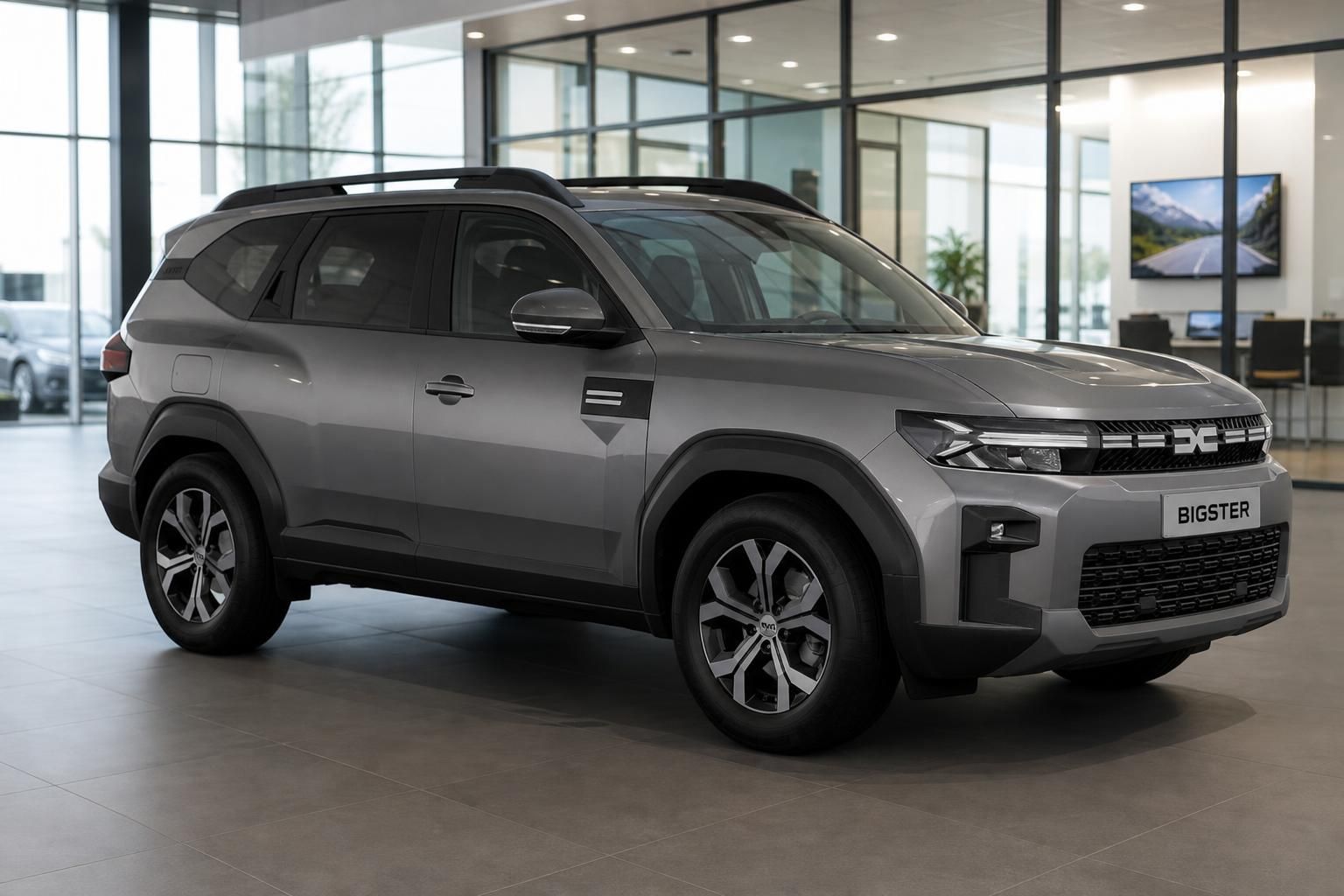 Dacia Bigster grau Frontansicht im Autohaus Showroom