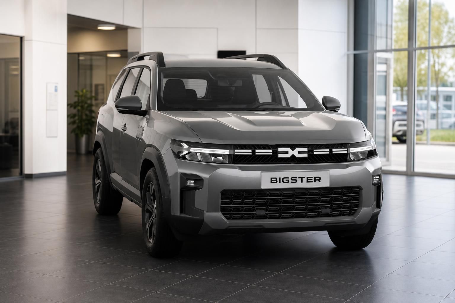 Dacia Bigster grau in der Frontansicht im Autohaus Showroom