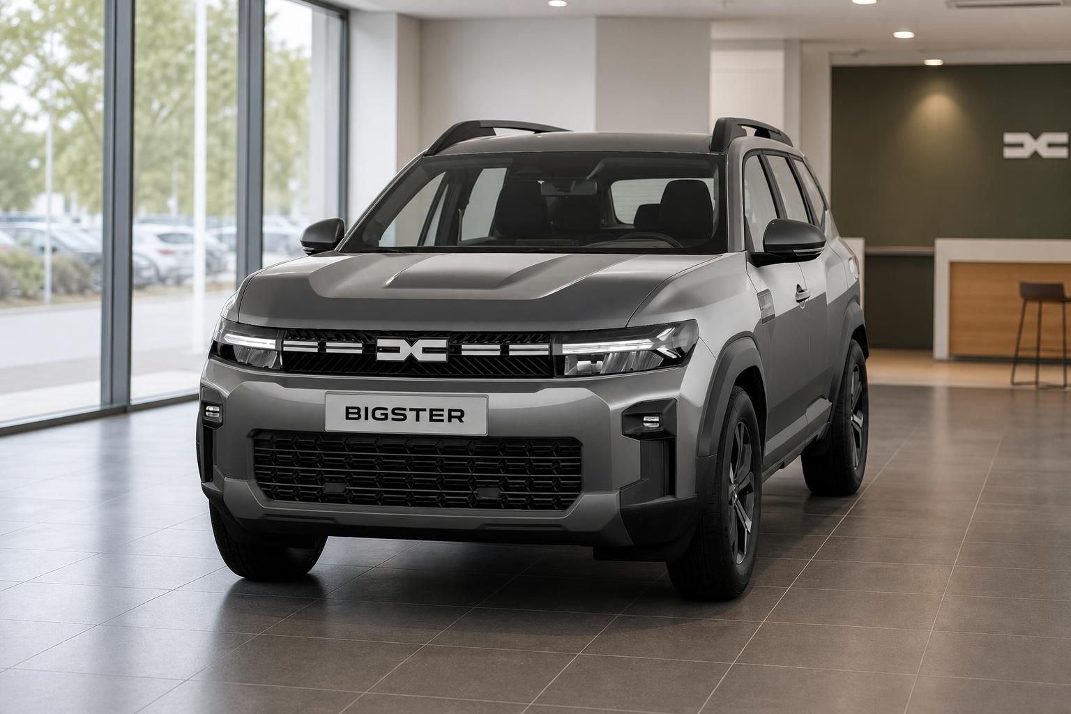 Dacia Bigster SUV grau Frontansicht im Autohaus ausgestellt