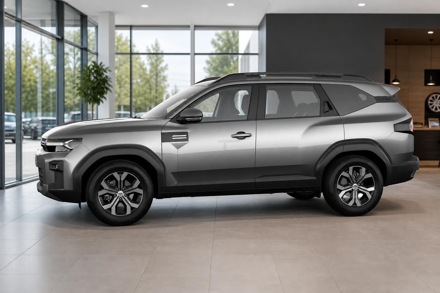 Dacia Bigster Seitenansicht in Silber-Metallic im Showroom