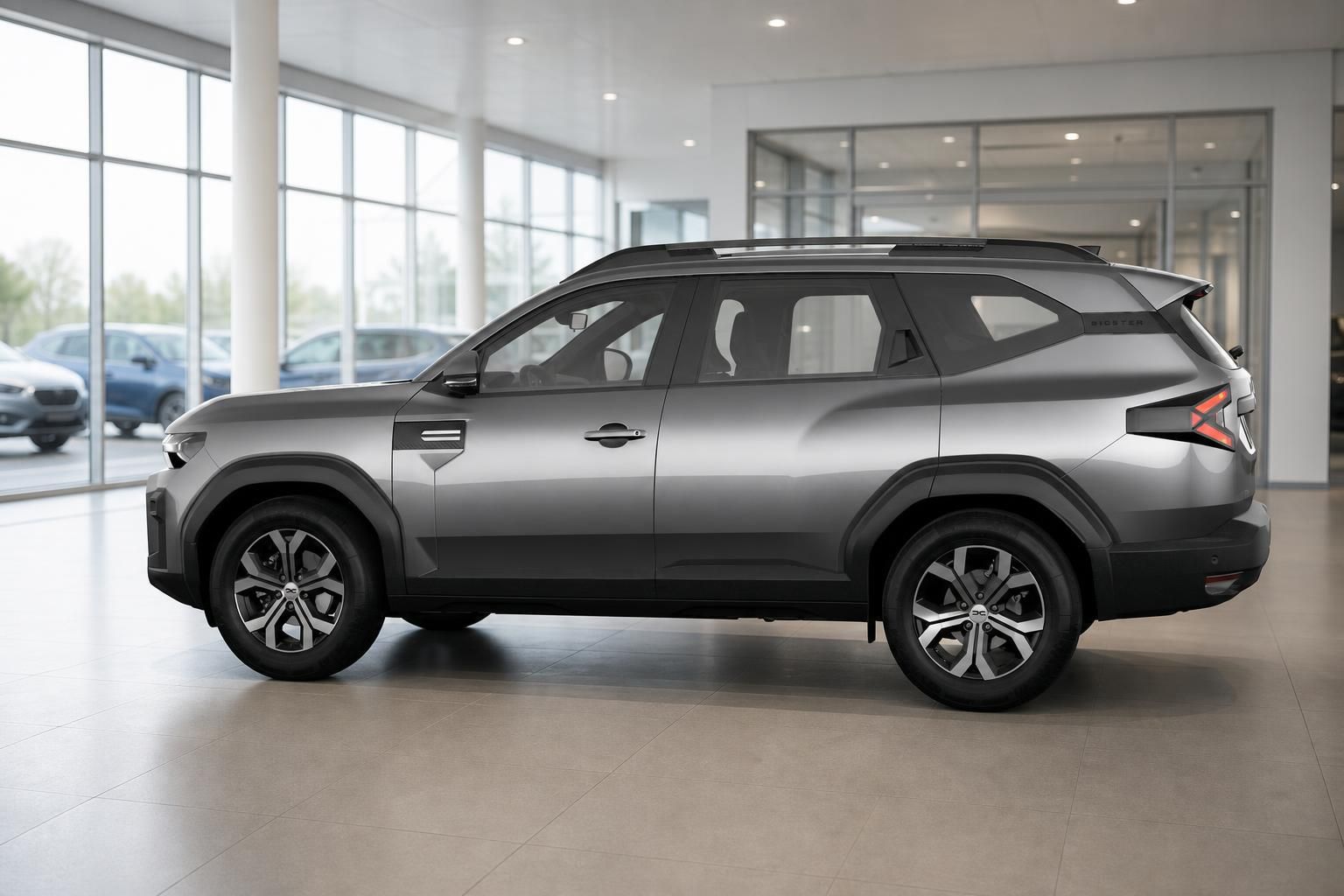 Dacia Bigster in Grau, Seitenansicht im Autohaus-Showroom