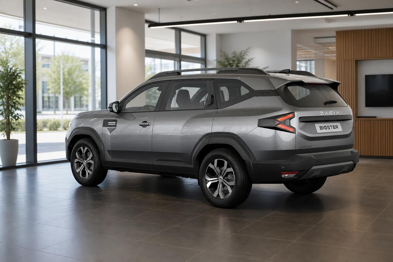 Dacia Bigster Heckansicht schraeg in Grau im Autohaus