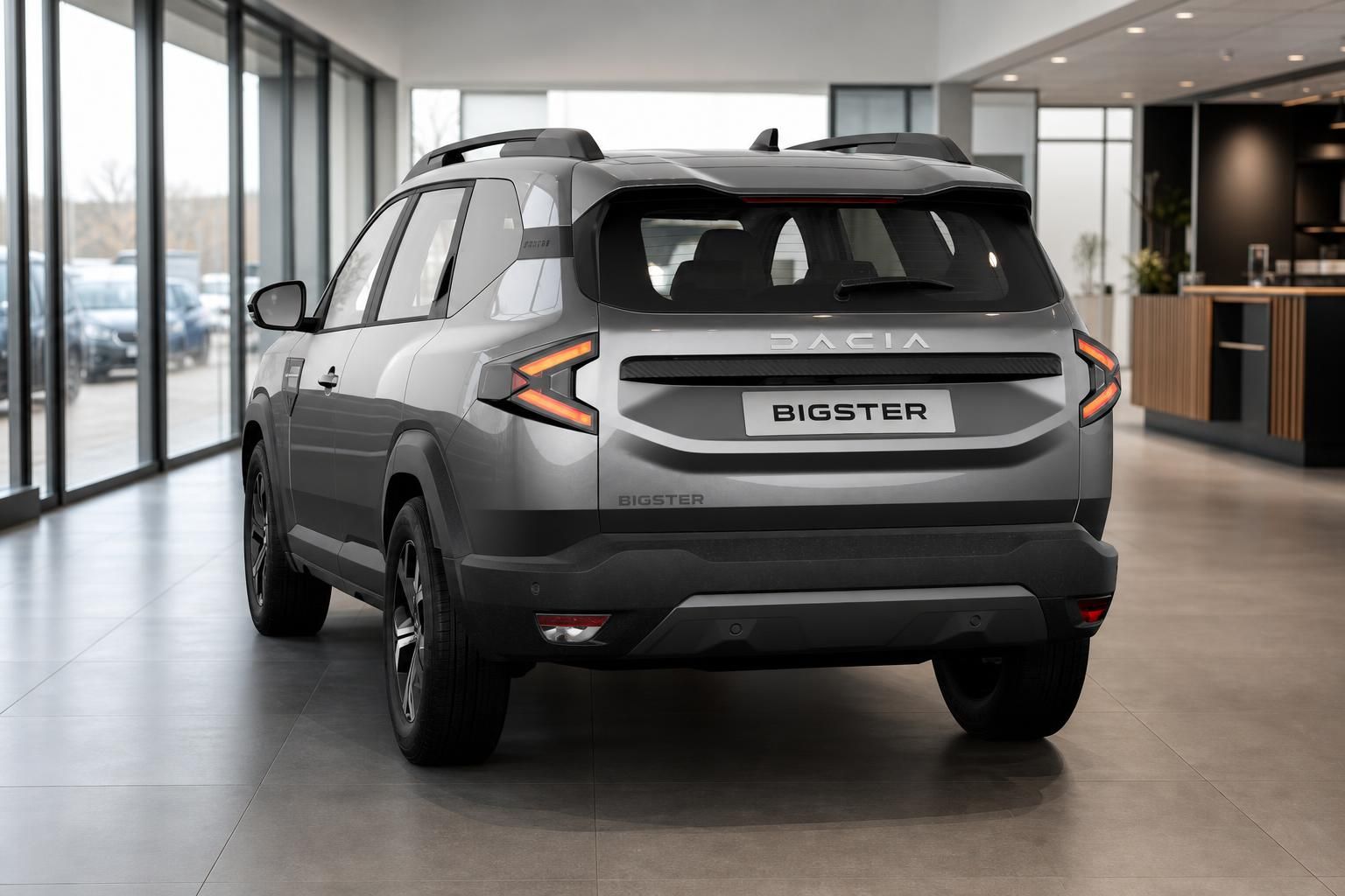 Dacia Bigster Heckansicht direkt mit Kennzeichenhalter im Showroom