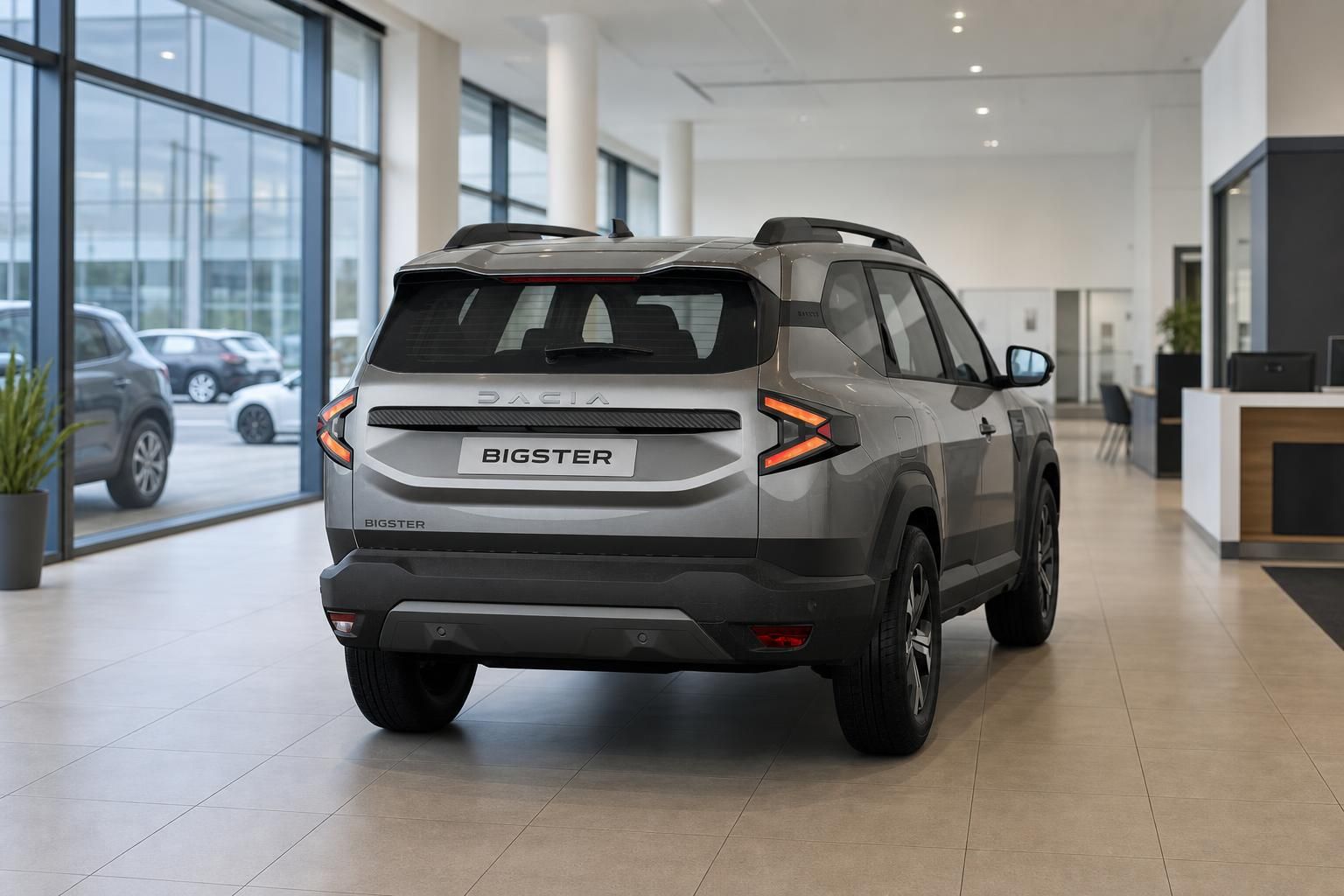 Dacia Bigster grau Heckansicht im Autohaus Showroom