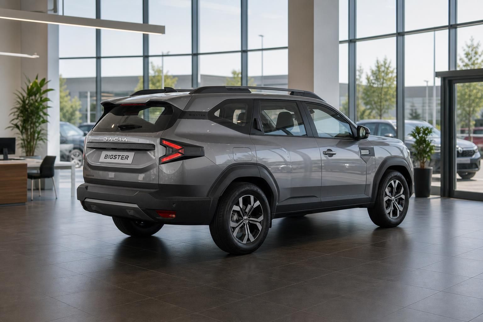Dacia Bigster grau Heck-Seitenansicht im Showroom