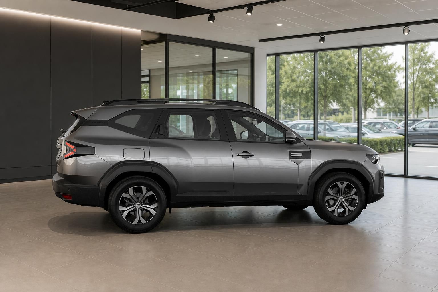 Dacia Bigster grau Seitenansicht im Autohaus Showroom