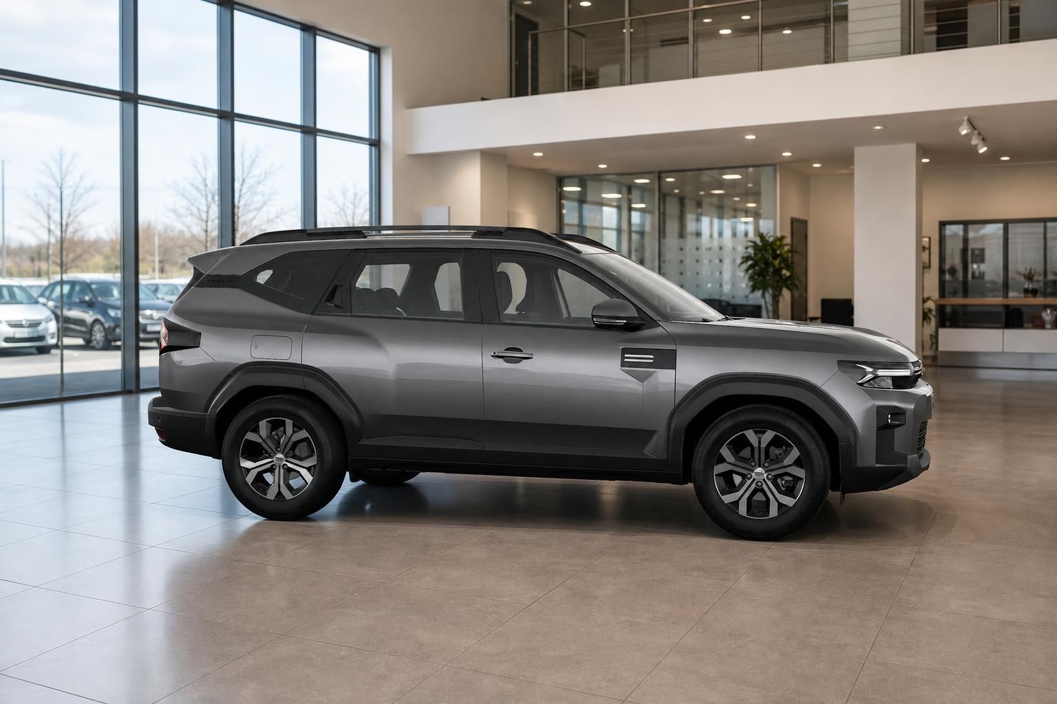 Dacia Bigster grau Seitenansicht im Autohaus präsentiert