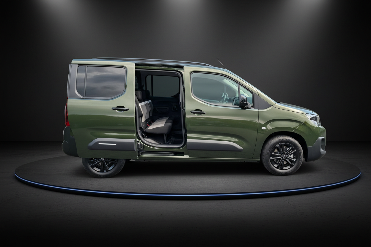 Opel Combo Life in Olivgrün mit geöffneter Schiebetür, Seitenansicht im Studio