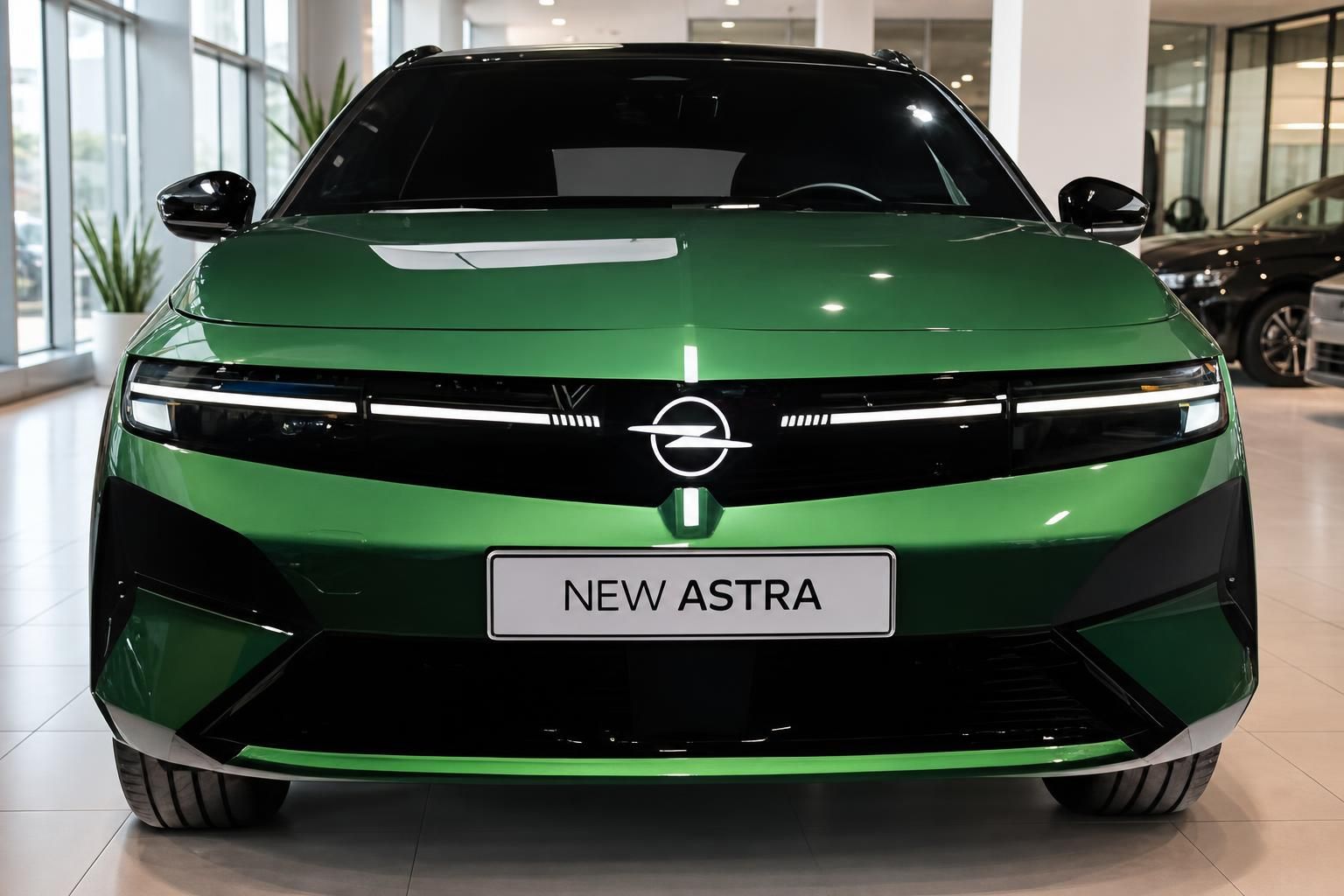 Opel Astra Frontansicht in Grün mit LED-Scheinwerfern im Showroom