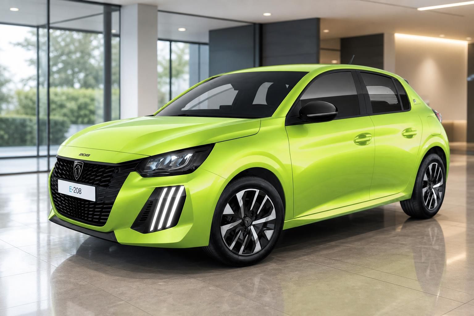 Peugeot E-208 in Gruen metallic, Frontansicht im Autohaus