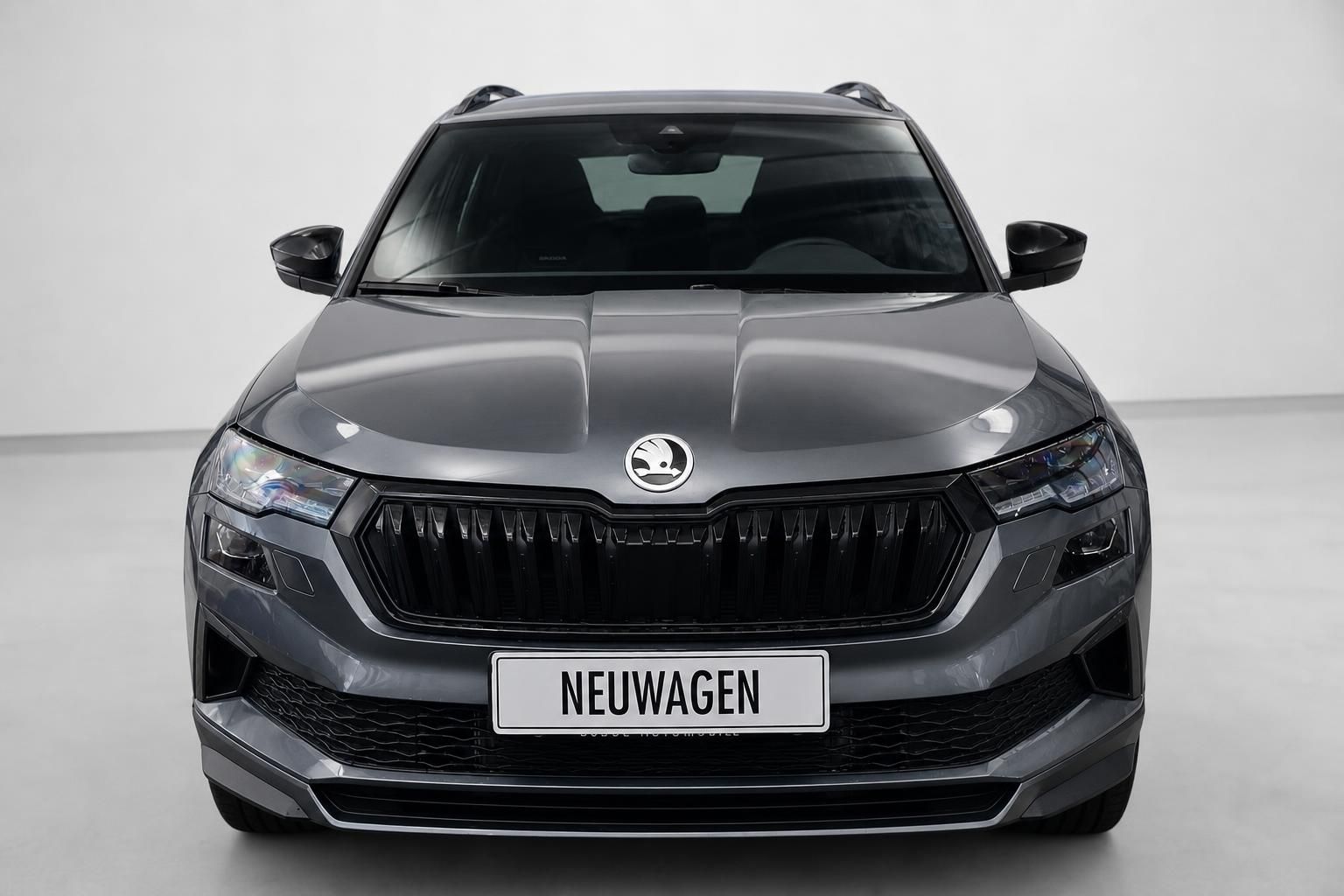 Skoda Karoq SUV grau, Frontansicht mit Kühlergrill im Detail