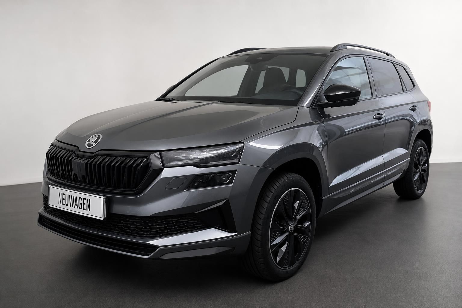 Skoda Karoq SUV in Grau, Frontansicht schräg im Studio