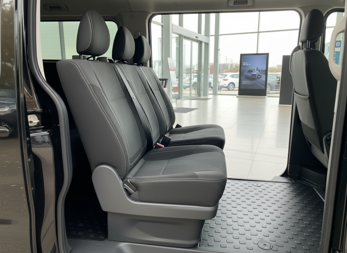 Volkswagen Transporter Innenraum mit schwarzen Sitzen und Schiebetür geöffnet im Autohaus