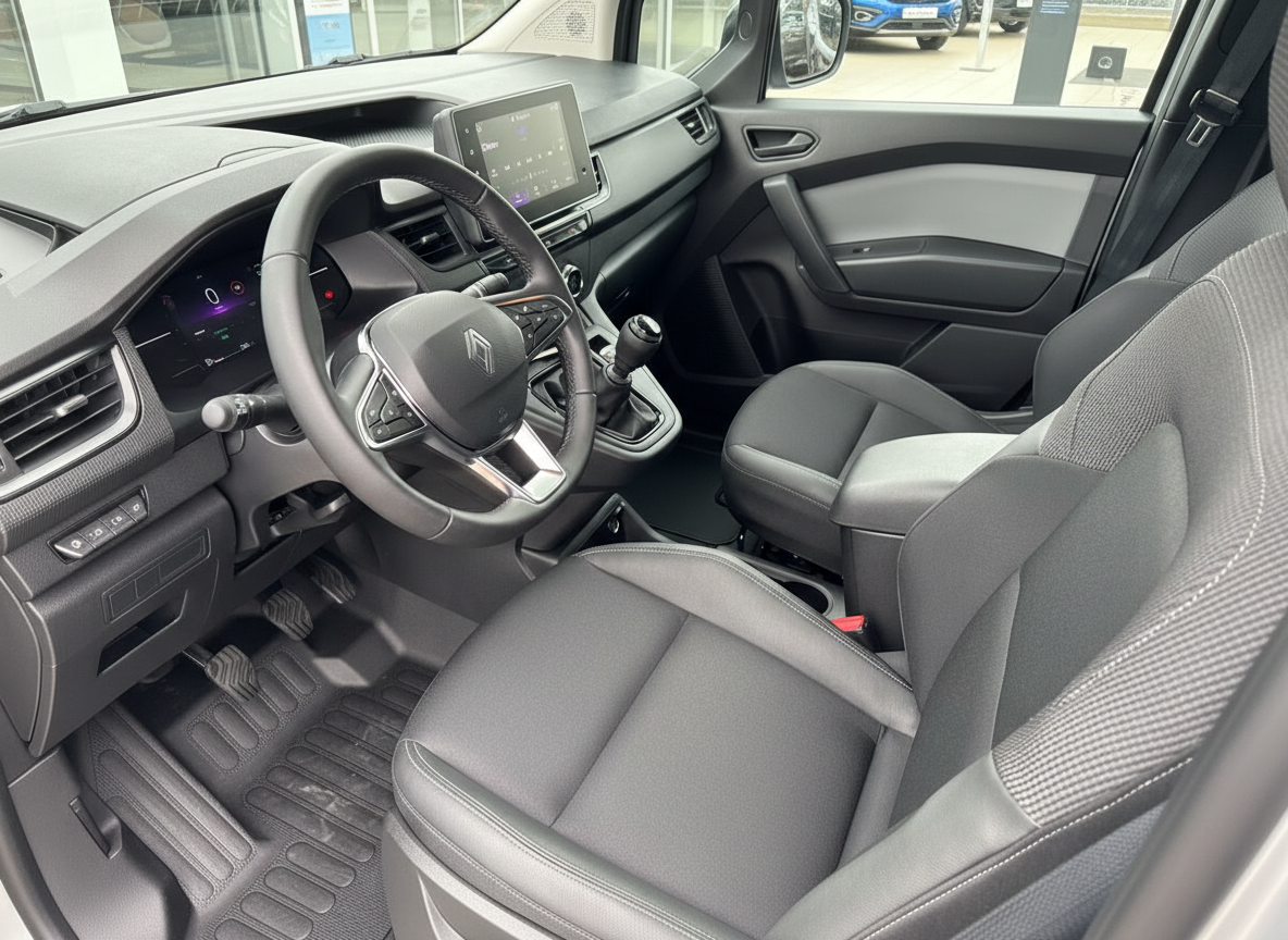 Renault Trafic Innenraum mit schwarzen Sitzen, Lenkrad und Touchscreen-Infotainment