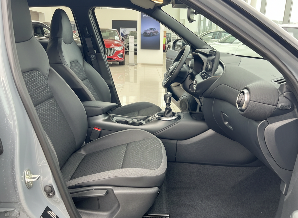 Hyundai Kona Innenraum Fahrerseite mit schwarzen Sportsitzen und Schaltgetriebe im Autohaus