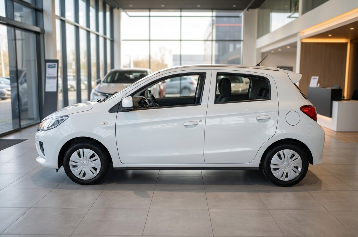 Weißer Mitsubishi Space Star Fünftürer in modernem Autohaus-Showroom