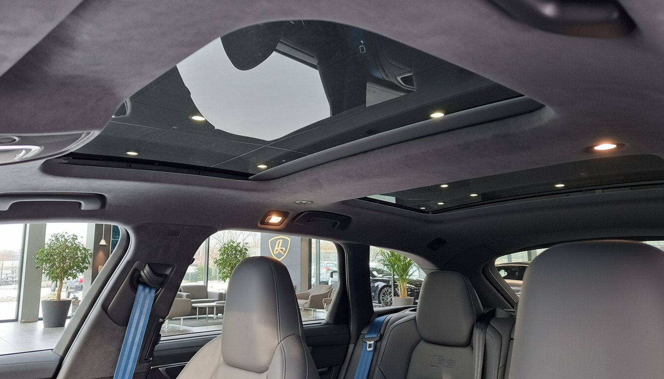 Innenansicht eines Audi RS Modells mit luxuriöser schwarzer Lederausstattung, großem Panorama-Glasdach, hellblauen Sicherheitsgurten und ambientebeleuchteter Dachhimmel im Autohaus-Showroom