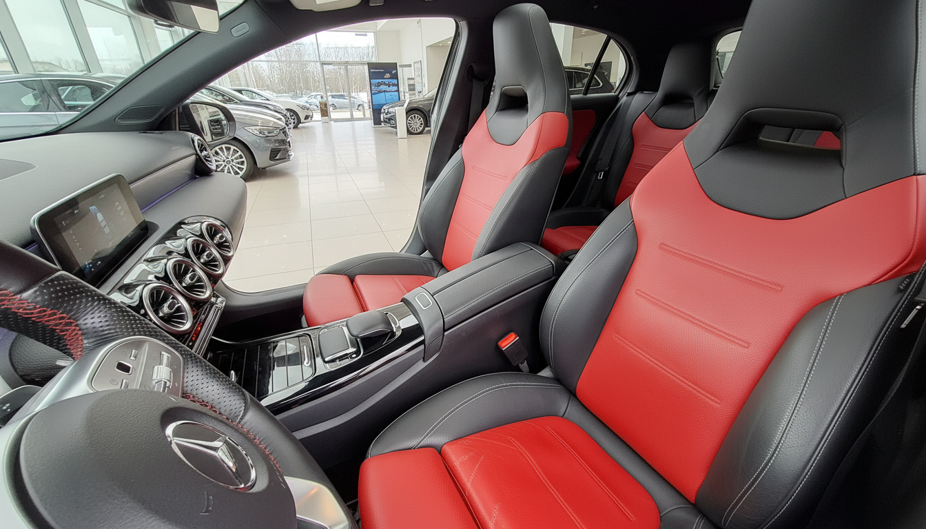 Innenraum Mercedes-Benz mit sportlichen Ledersitzen in Schwarz-Rot, Multifunktionslenkrad, digitalem Cockpit und modernem Infotainment-System im Autohaus