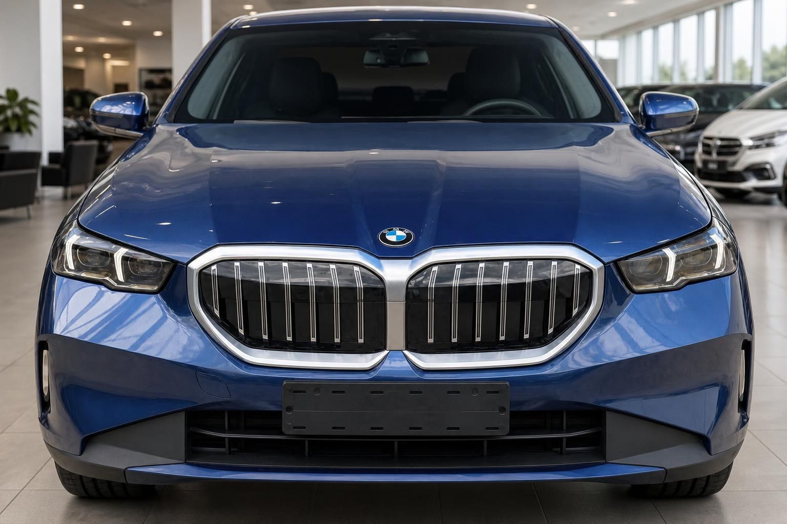 BMW Limousine in Blau, Frontansicht mit Niere-Kühlergrill im Autohaus