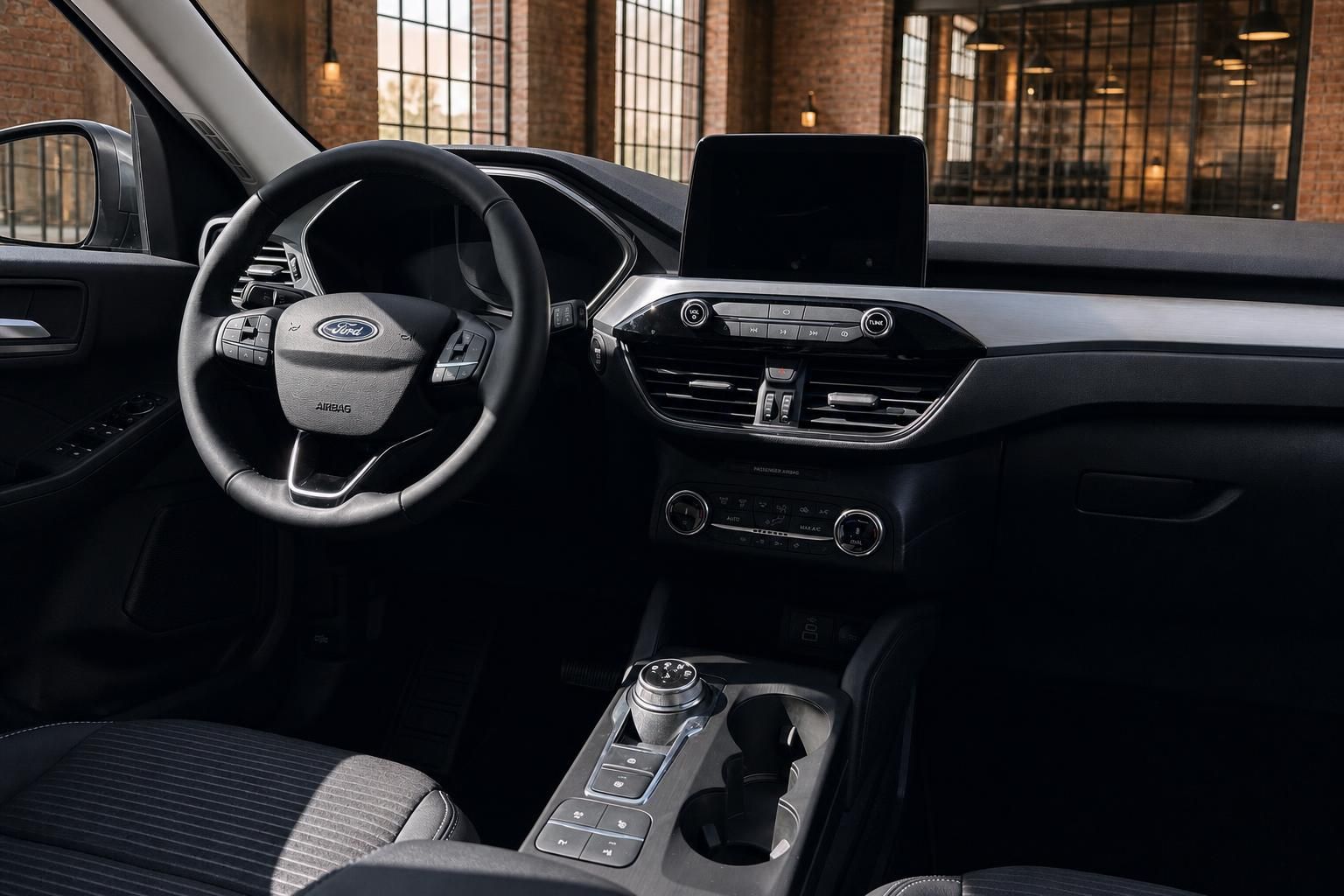 Ford Kuga Cockpit mit Lenkrad, Mittelkonsole, Schalthebel und schwarzem Infotainment-Display