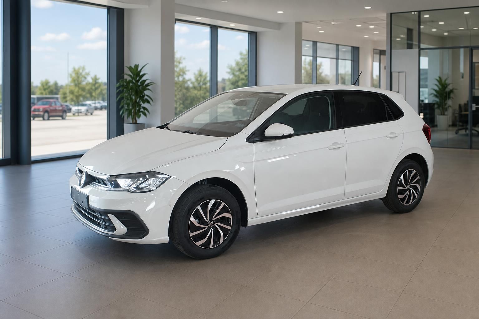 VW Polo weiß Seitenansicht schräg vorne im Verkaufsraum