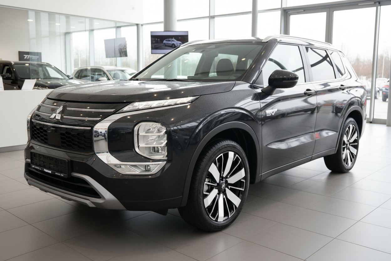 Mitsubishi Outlander PHEV SUV in Schwarz im Autohaus Showroom