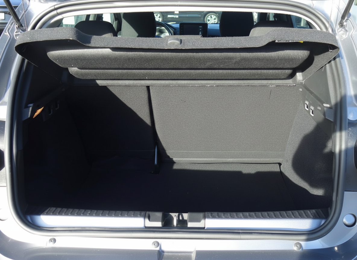 Kofferraum eines Fahrzeugs geöffnet mit Laderaumabdeckung und sauberem Gepäckraum