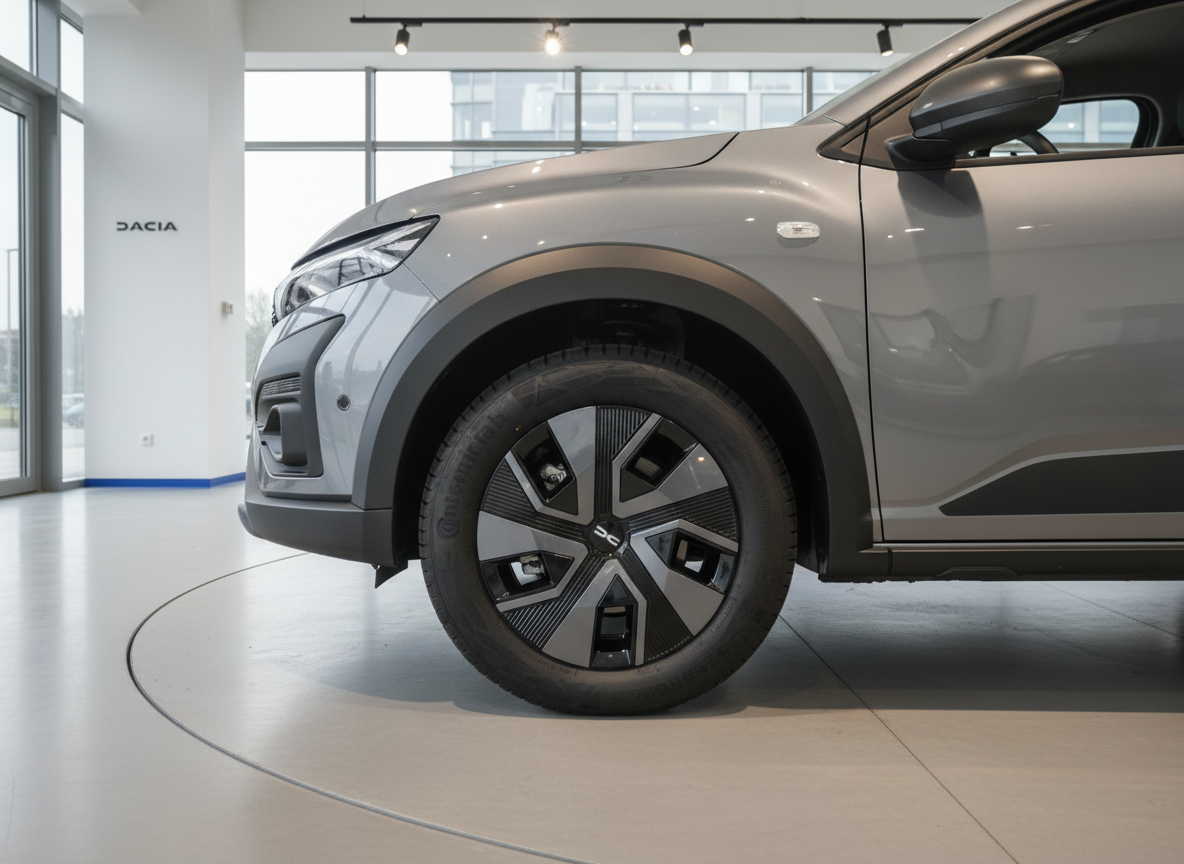 Dacia SUV in Grau im Autohaus – Detailaufnahme Frontpartie und Felge