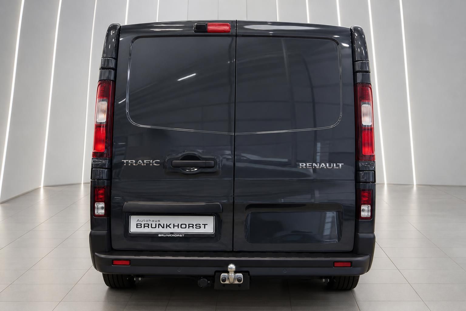 Renault Trafic Heckansicht in grau mit Hecktüren und Autohaus Brunkhorst Kennzeichen