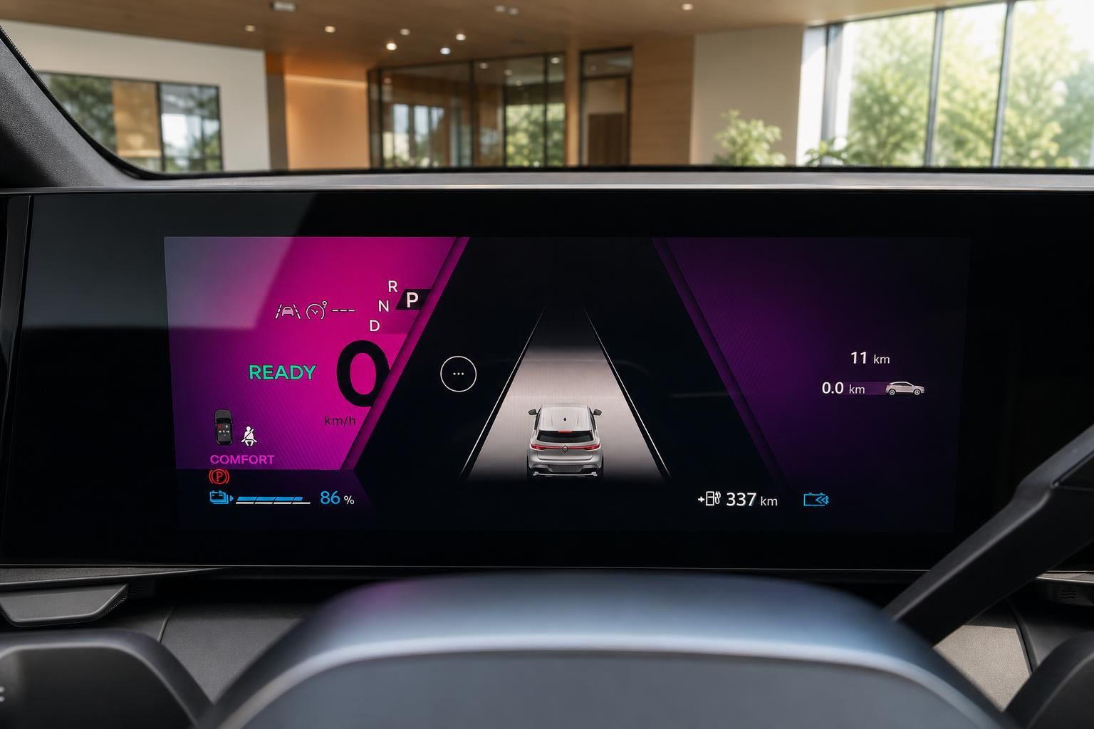 Digitales Cockpit-Display mit Navigationssystem und Fahrzeug-Innenraum