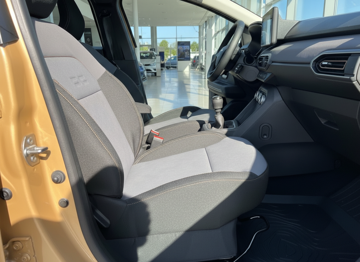 Dacia Sandero Stepway Innenraum Beifahrerseite mit Stoffsitzen in Grau-Schwarz und Schaltgetriebe