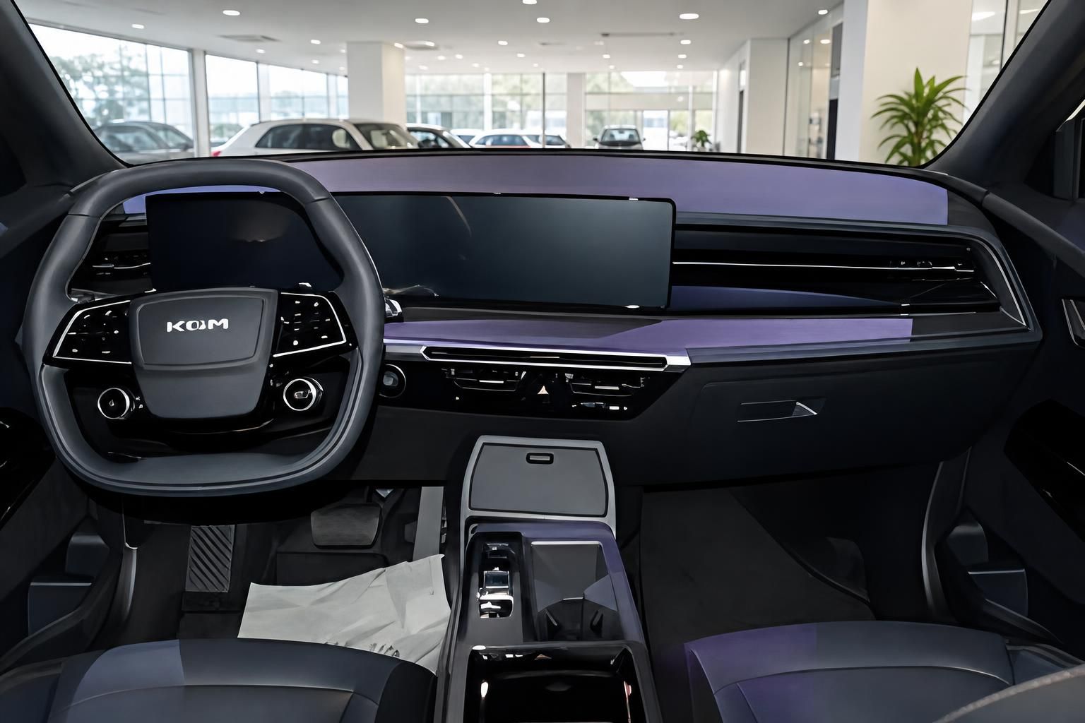 Fahrzeug Innenraum mit digitalem Cockpit, Lenkrad und Mittelkonsole – modernes SUV Interieur