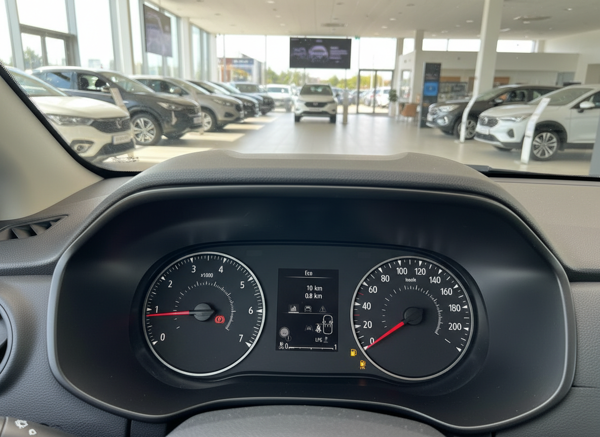 Fahrzeug-Cockpit mit Tachometer und Drehzahlmesser im Autohaus, LPG-Anzeige sichtbar