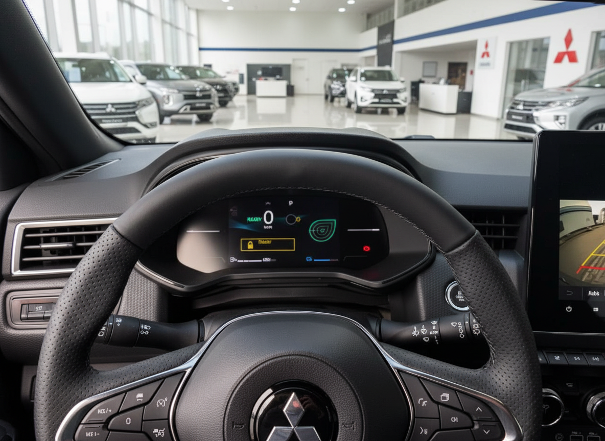 Mitsubishi Innenraum mit digitalem Cockpit und Lenkrad im Autohaus