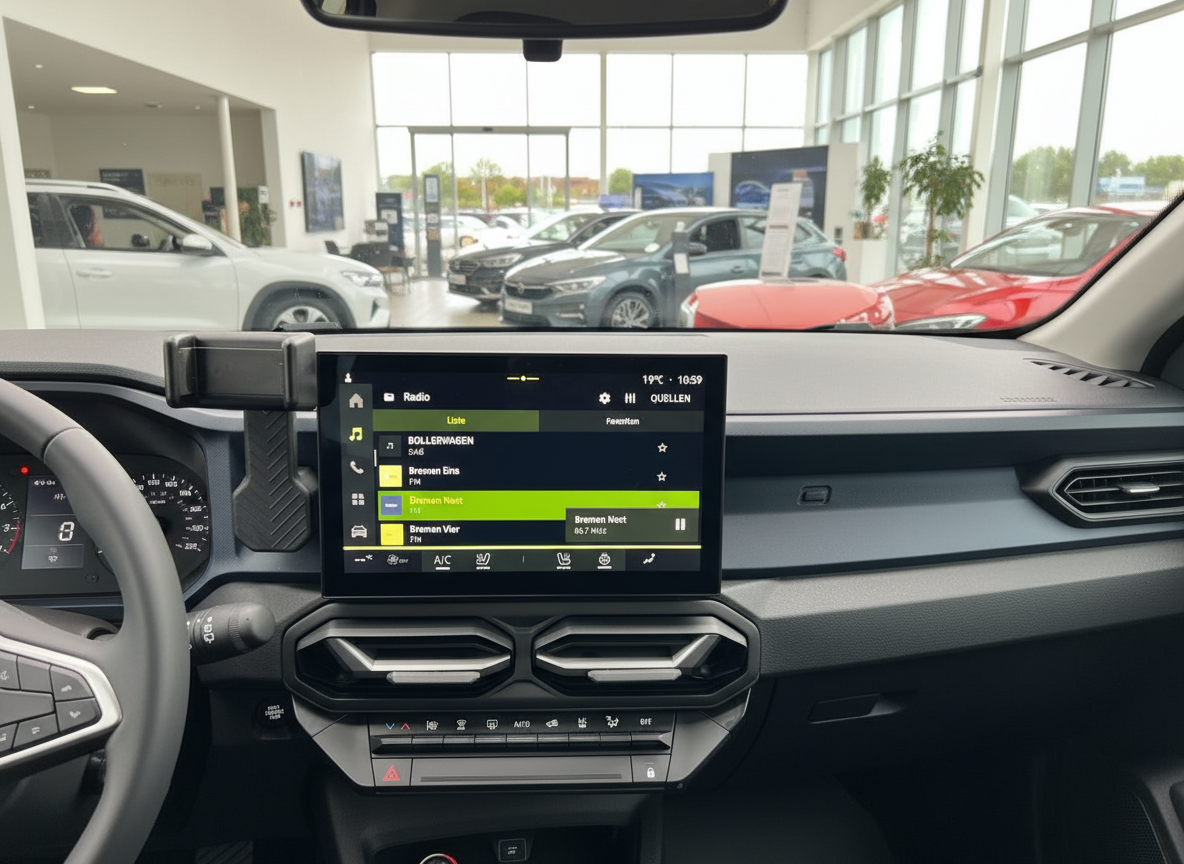 Dacia Innenraum mit Touchscreen-Infotainmentsystem, Radio-Menü, Automatikgetriebe im Autohaus