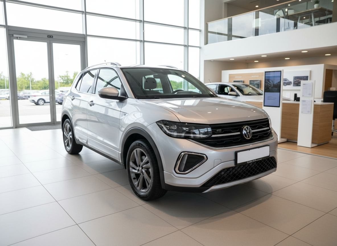 Silberner Volkswagen T-Cross SUV in Autohaus-Showroom, Frontansicht