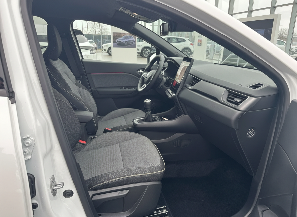 Innenraum Fahrzeug Fahrersitz mit schwarzem Stoffsitz, Lenkrad und Infotainment-Display