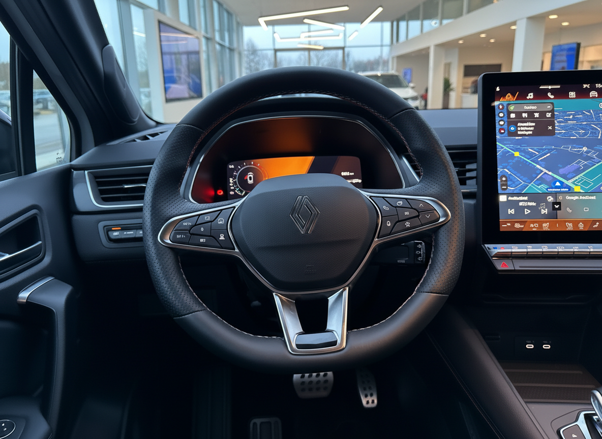 Renault Innenraum mit Lenkrad, digitalem Kombiinstrument und großem Infotainment-Touchscreen