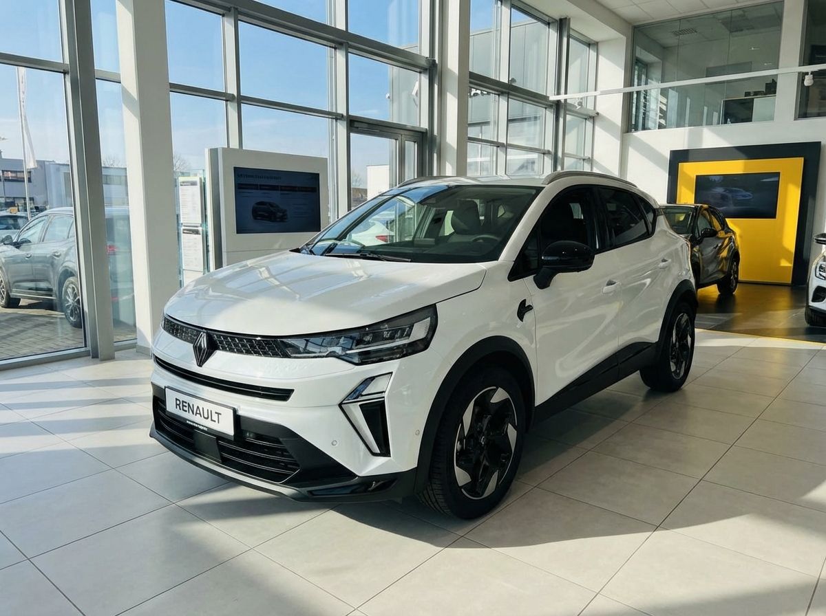 Renault Captur in Weiß im Autohaus Showroom – modernes Kompakt-SUV Frontansicht